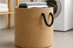 Cesto de Roupas Juta Natural com Alças Corda Preta 50x60cm